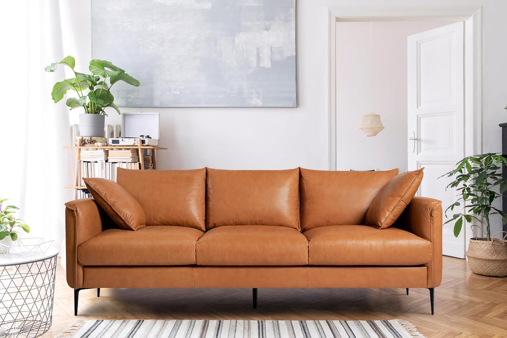 Valencia Jasper 85" Cognac Tan Brown 3 Seater Full Leather Couch | Mid C...