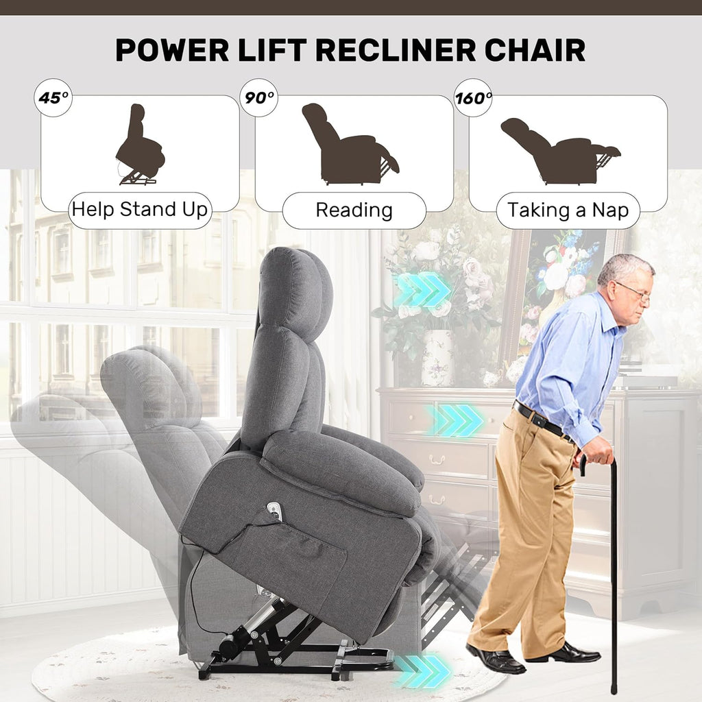jonpony Power Lift Recliner Chair for Elderly, Big and Tall Lift Chair with Massage and Heat for Living Room, Fabric Electric Recliner Chairs with Side Pocket, USB Charge Port Grey