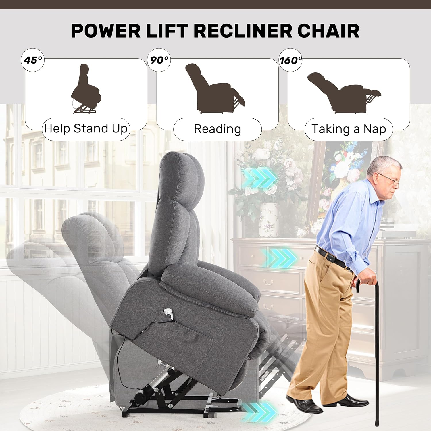 jonpony Power Lift Recliner Chair for Elderly, Big and Tall Lift Chair with Massage and Heat for Living Room, Fabric Electric Recliner Chairs with Side Pocket, USB Charge Port Grey
