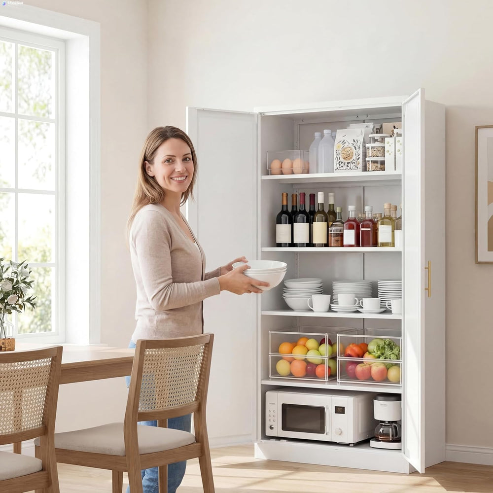 CJF White Kitchen Pantry Cabinet,71 Inch Tall Metal Storage Cabinet with 4 Ad...