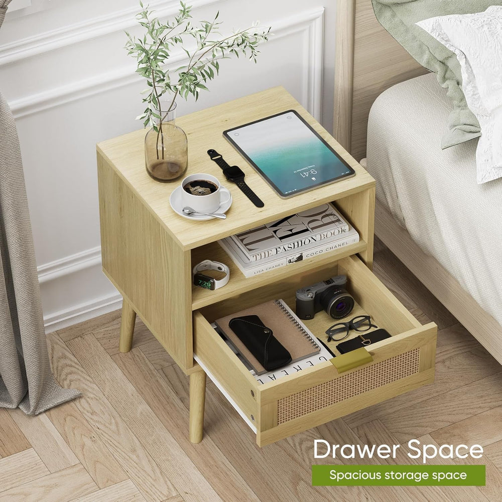 Smart Rattan Nightstand, Boho Side Table with Drawer Open Shelf, Wood Accent ...