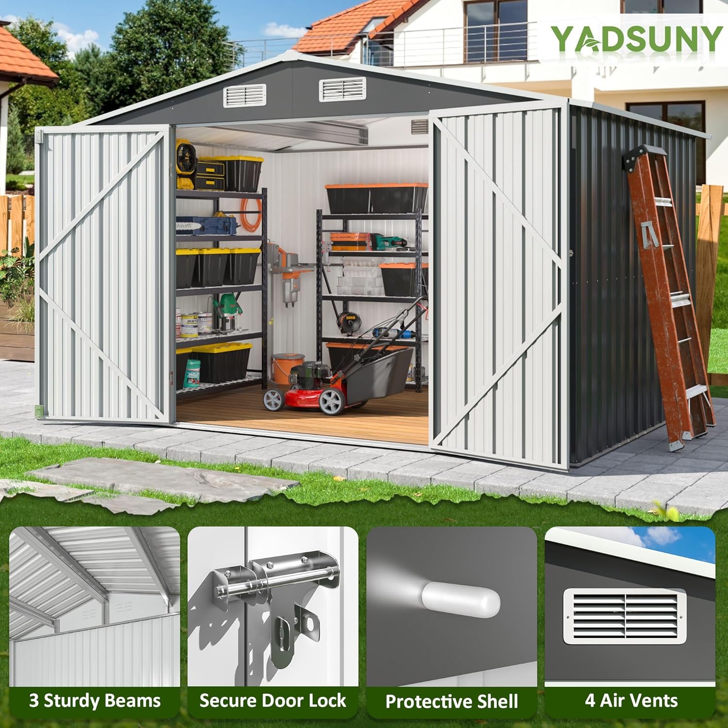 8x10 FT Outdoor Storage Shed, Metal Garden Tool Shed with Updated Frame Structure and Lockable Doors, Ideal for Backyard Garden Patio Lawn, Grey