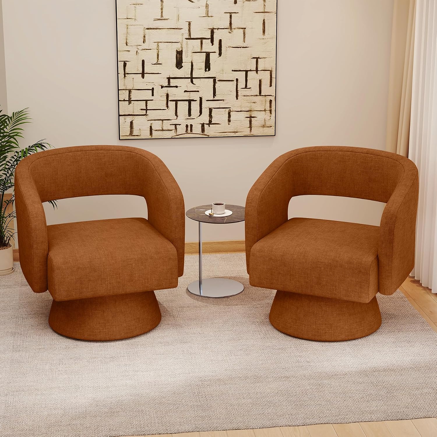 Nebuaegis Swivel Accent Chair Set of 2, Modern Comfy Chenille Barrel Chairs, Oversized Upholstered Round Arm Chair for Living Room, Bedroom, Reading Room, Caramel
