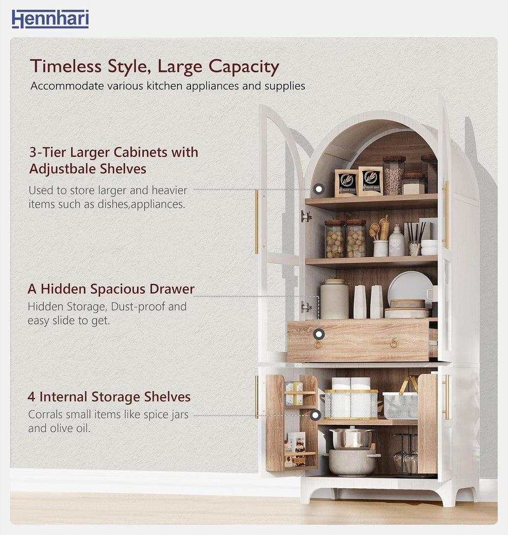 71" Tall Storage Cabinet with Arched Glass Doors, Pantry Cabinet with So...
