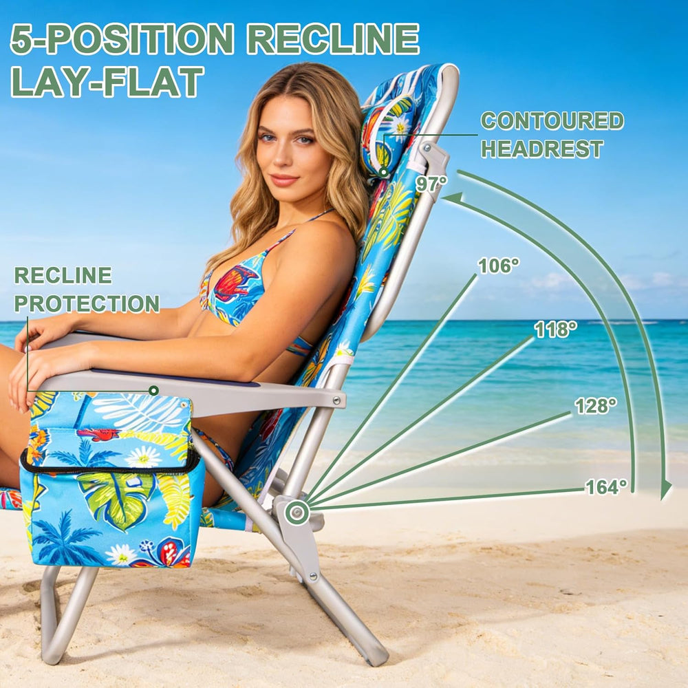 2Pk Aluminum Extra Wide 5-Position Lay Flat Folding Backpack Beach Chairs for...