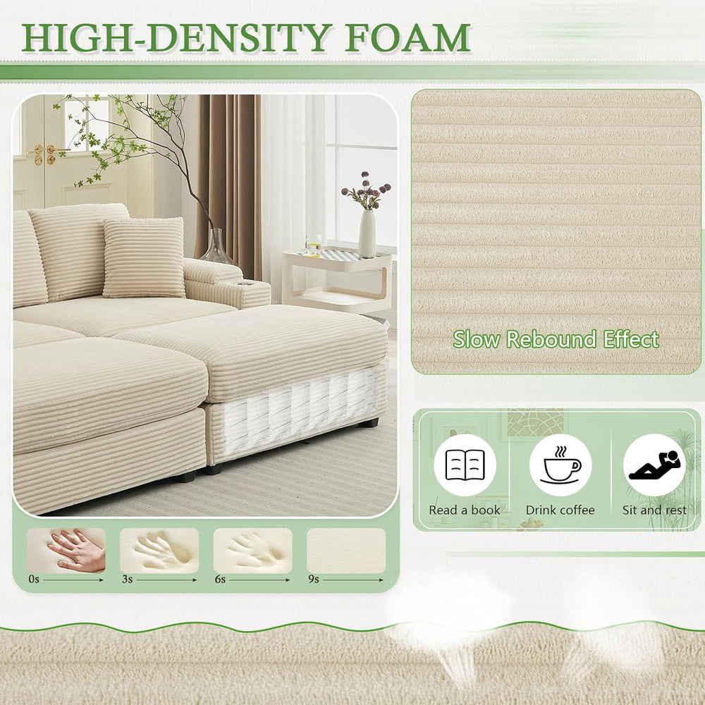 Oversized Corduroy Double Chaise Lounge Chair Indoor with Storage and Ottoman...