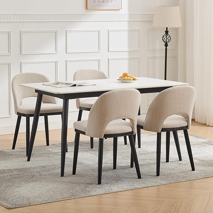 Wooden Dining Chairs Set of 4,Modern Fabric Upholstered Dining Room Chair, Large Dining Room Kitchen Chairs with High Back and Deep Seat, Farmhouse Dinner Chair for Kitchen,Restaurant,Cafe,Beige