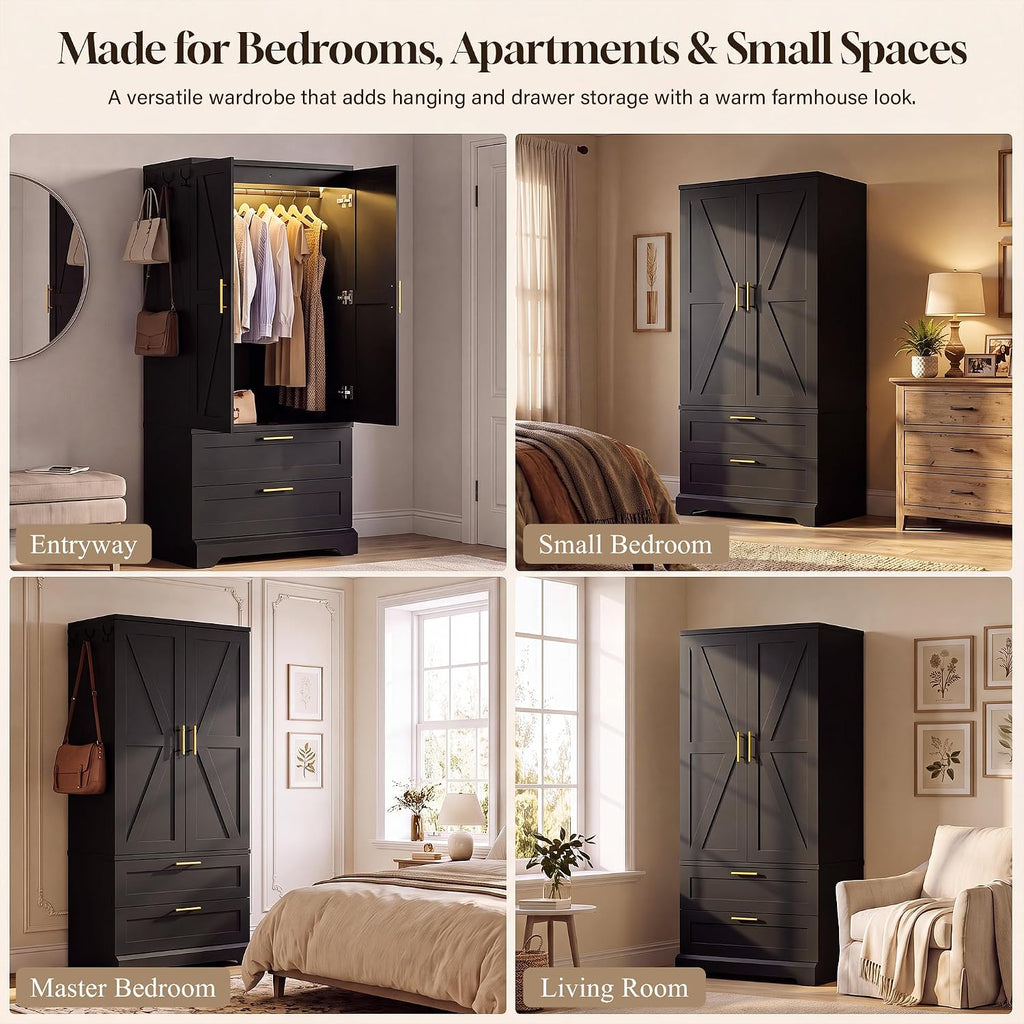 YESHOMY 70.9" Armoire Wardrobe Closet with Sensor Light, 2 Drawers (Black) | 20" Deep Design, Side Hooks, Soft-Close Hinges, Thickened Base Support