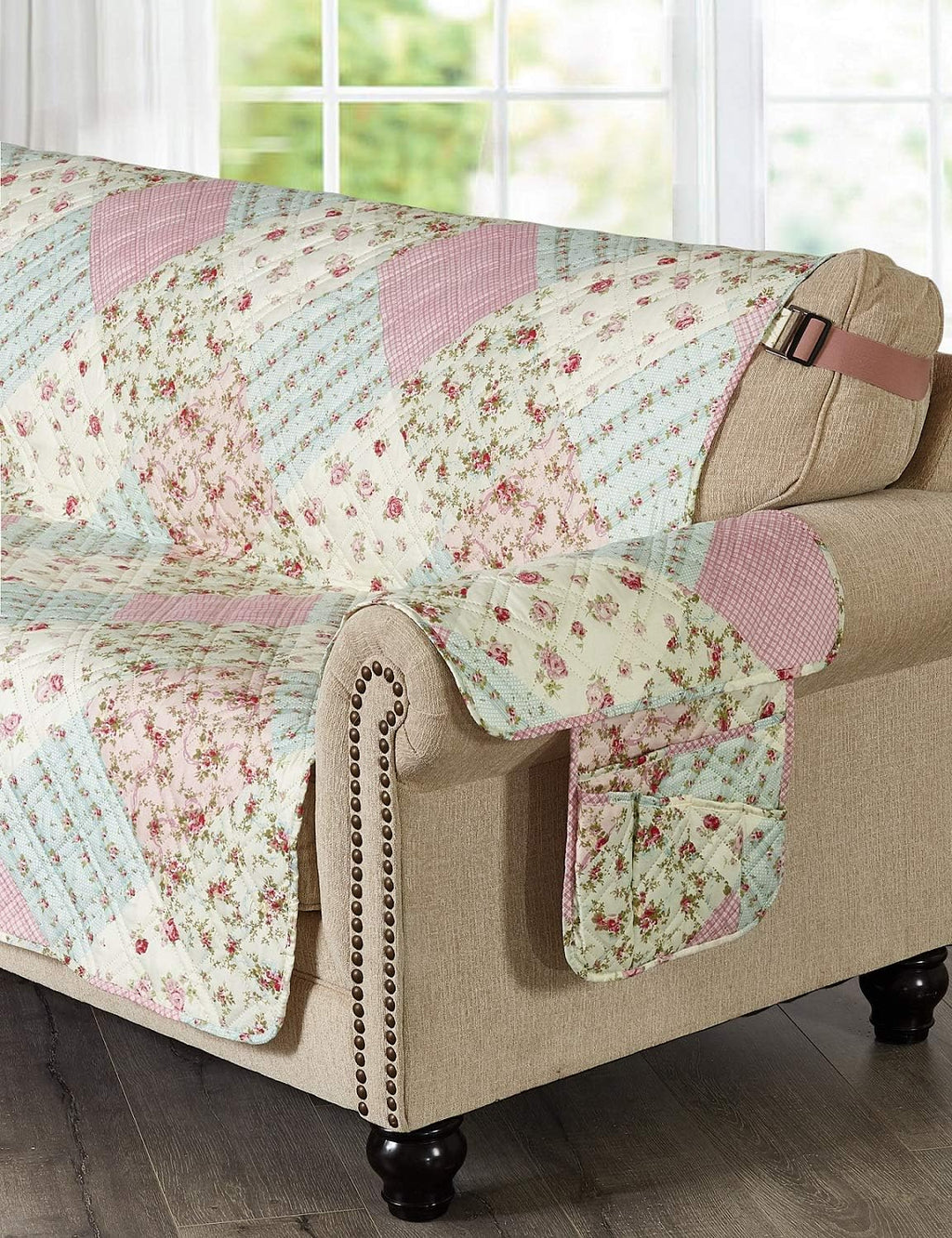 Brilliant Sunshine Pink and Green Rose Patchwork Sofa Armrest 5 Pockets Organizer, Slip Resistant Armchair Caddy, Washable Remote Controls Holder, Storage for Magazine, Tablet, 35×13", Pink Green