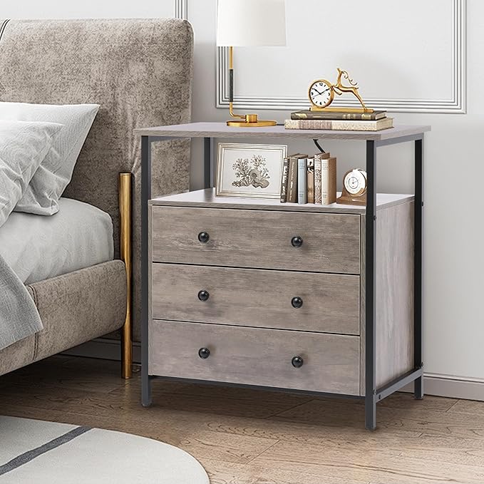 3 Wooden Drawers Nightstand, 27 Inch Wide Night Stand Set 2 with Charging Station and Adjustable Drawers, Bedside Table for Living Room/Bedroom/Office, Gray.