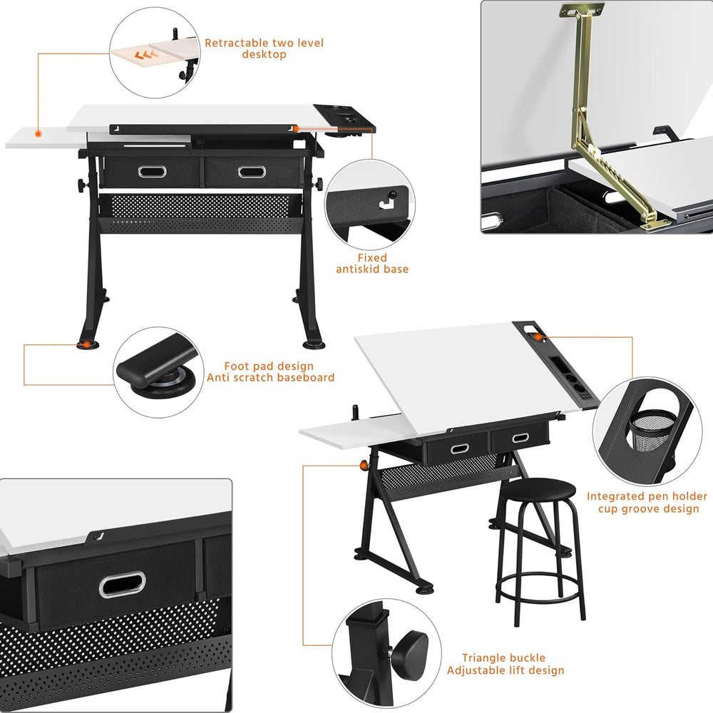 Yaheetech Adjustable Drafting Table Art Desk,Storage Drawers & Stool,Whit...