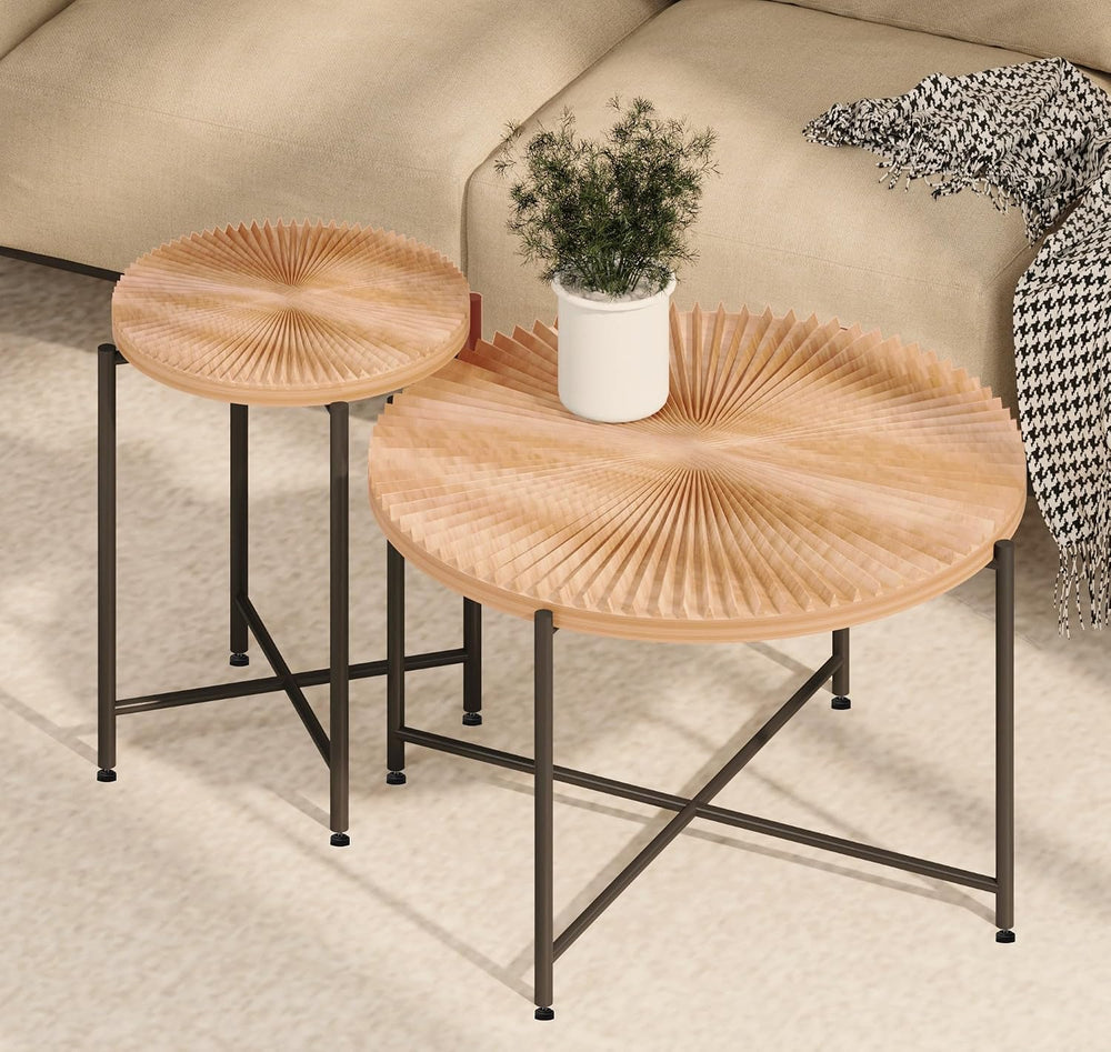 2-Piece Rustic Coffee Table and End Side Table Set, Radial Pattern Waterproof...