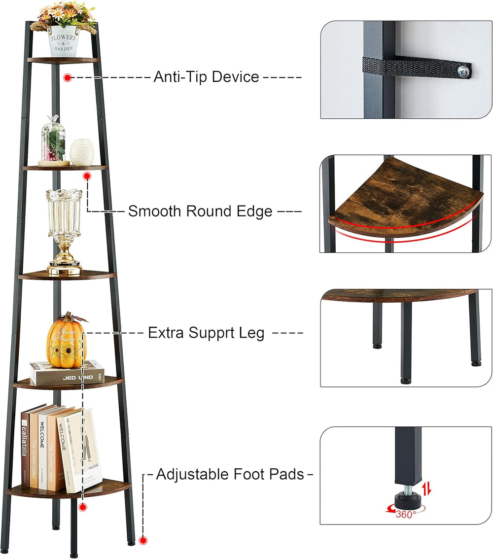 Hoctieon Corner Shelf, 5-Tier Corner Bookshelf, Rustic Ladder Shelf, Industri...