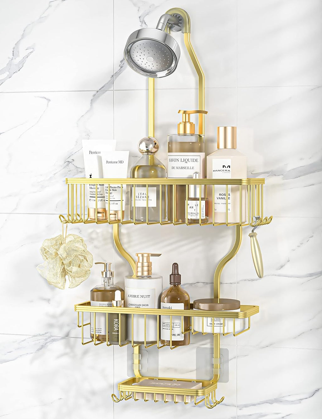 YASONIC Shower Caddy Over Shower Head Never Rust Aluminum Large Hanging Shower Caddy with 10 Hooks for Razor/Sponge - Over The Shower Head Caddy with Soap Basket - Hanging Shower Organizer Gold