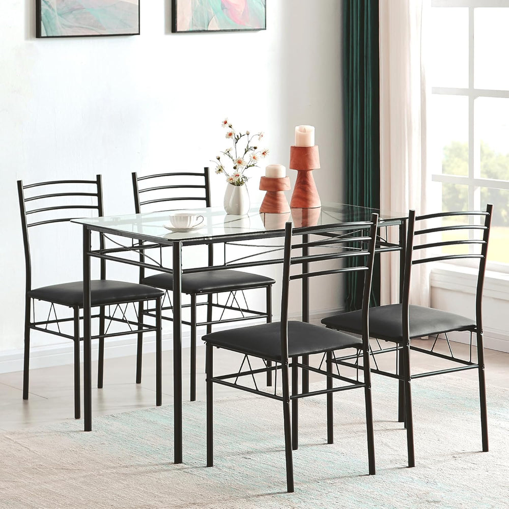 VECELO Kitchen Dining Table and Chairs Set for 4, Padded Seat & Glasses T...