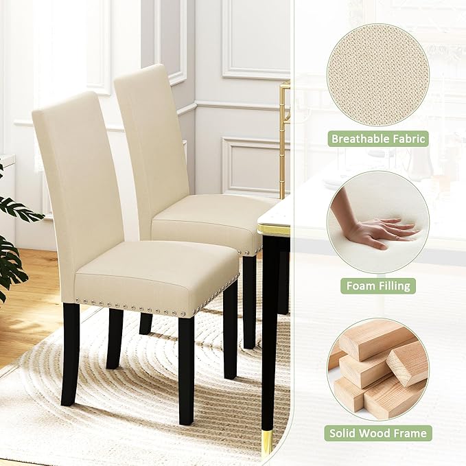 LSSPAID Dining Chairs Set of 2, Fabric Upholstered Dining Room Parson Chair with Nailhead Trim and Solid Wood Legs for Home and Kitchen, Beige