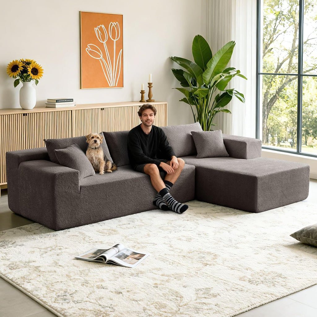 104" Cloud Sectional Couch, Modern Modular L Shape Sectional Sofa with Deep Seat Chaise, Comfy Boucle Boneless Couches for Living Room (Light Grey, Right Chaise)