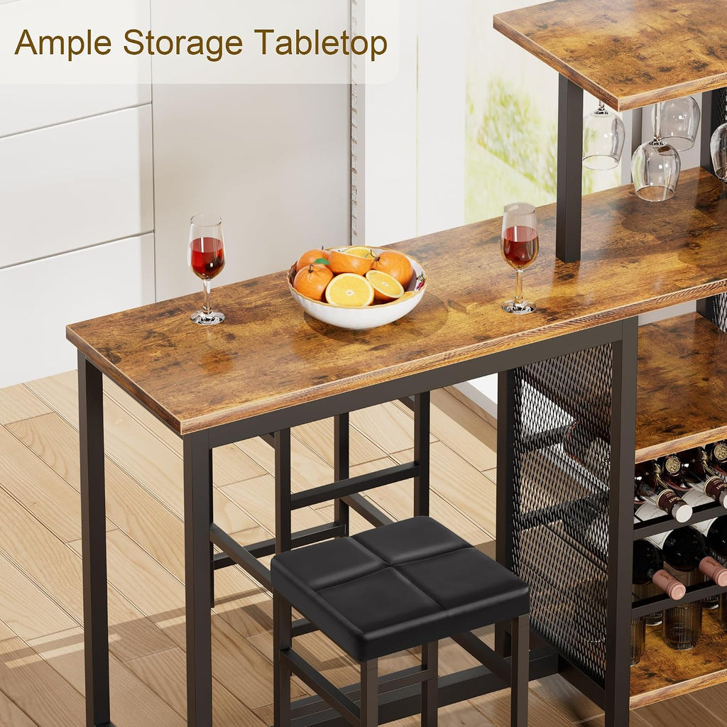 VECELO Bar Table and Chairs Set for 2, 3-Piece Dining Set with Storage Shelves, Cup Holder & Wine Rack, PU Leather Cushion Stools, for Kitchen Small Space, Brown