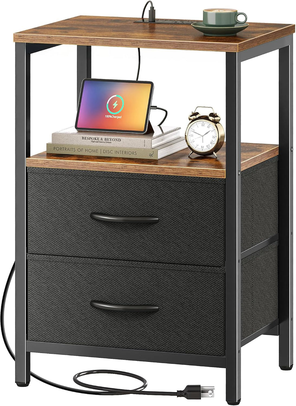 Huuger Nightstand with Charging Station, Side Table with Fabric Drawers, End ...