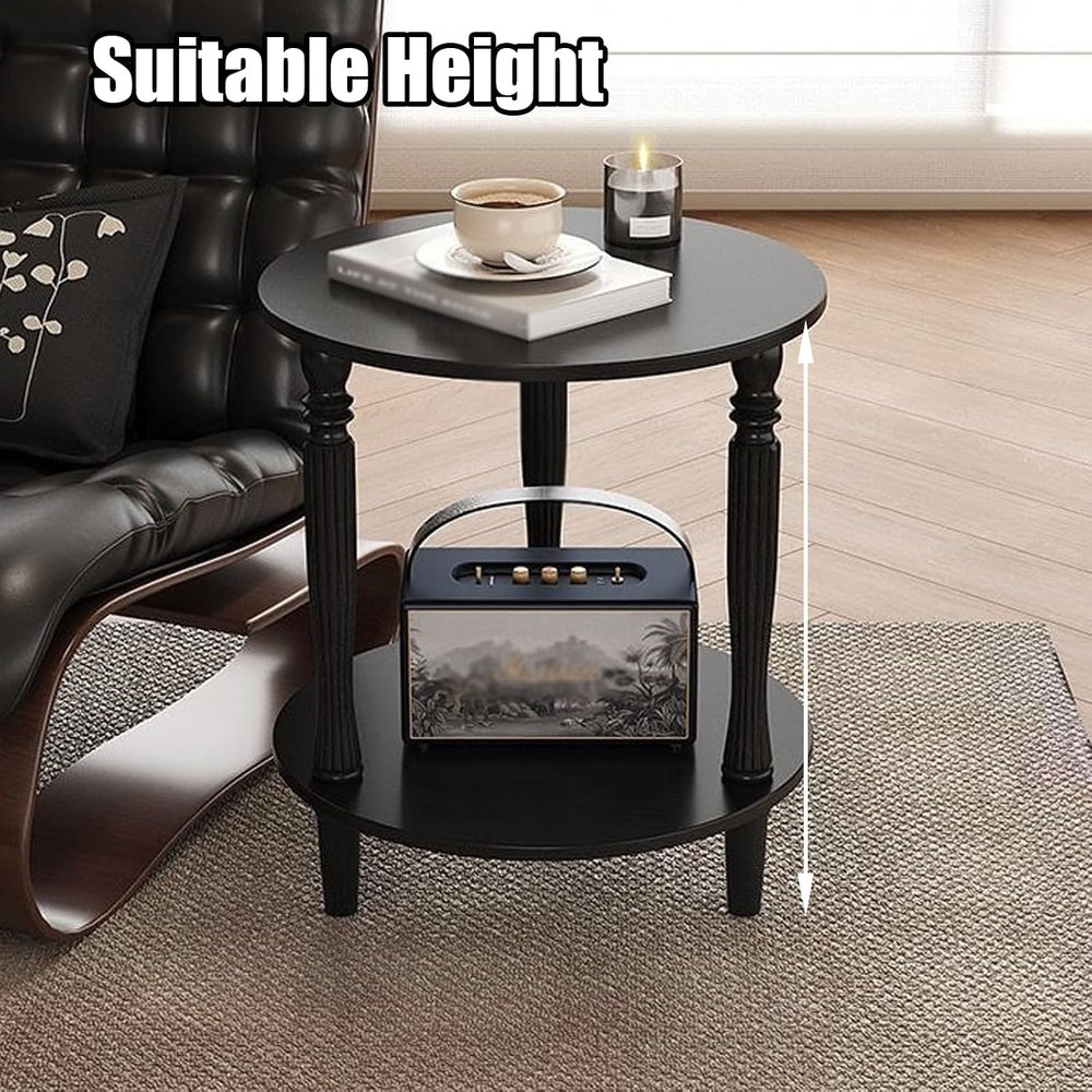 Round Side Table with Roman Column Legs, 2 Tier Sofa End Table with Storage,A...