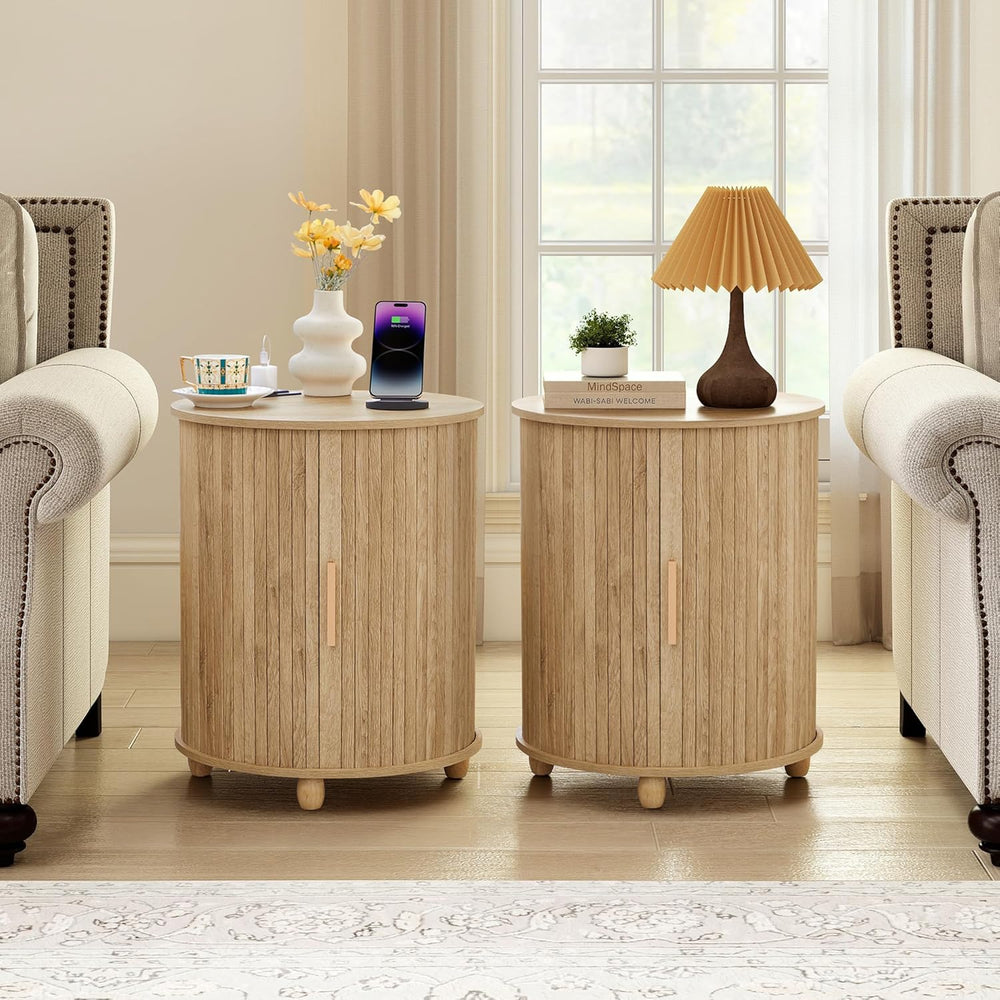 Set of 2 Fluted Round End Table with Charging Station, Small Farmhouse Sofa S...