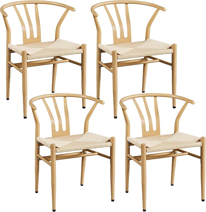 Yaheetech Weave Dining Chairs Set of 4 Mid-Century Modern Dining Room Chairs Weave Hemp Seat, Wood Color