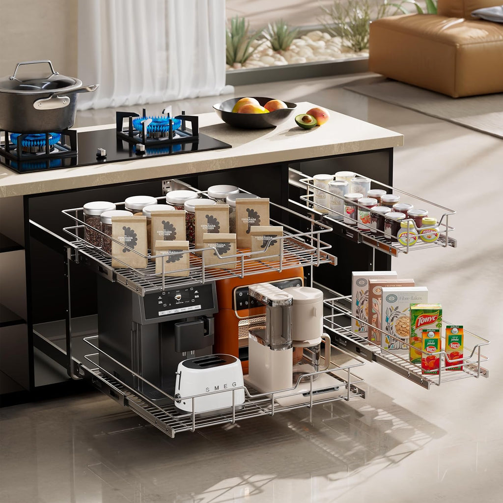 2 Tier Pull Out Cabinet Organizer 24" W X 22" D, Chromed, Full Slide Out | For Kitchen Organizers and Storage, Pull Out Drawers For Cabinets Capacity Heavy Duty Caddy, Cabinet Shelves, Bathroom Pantry