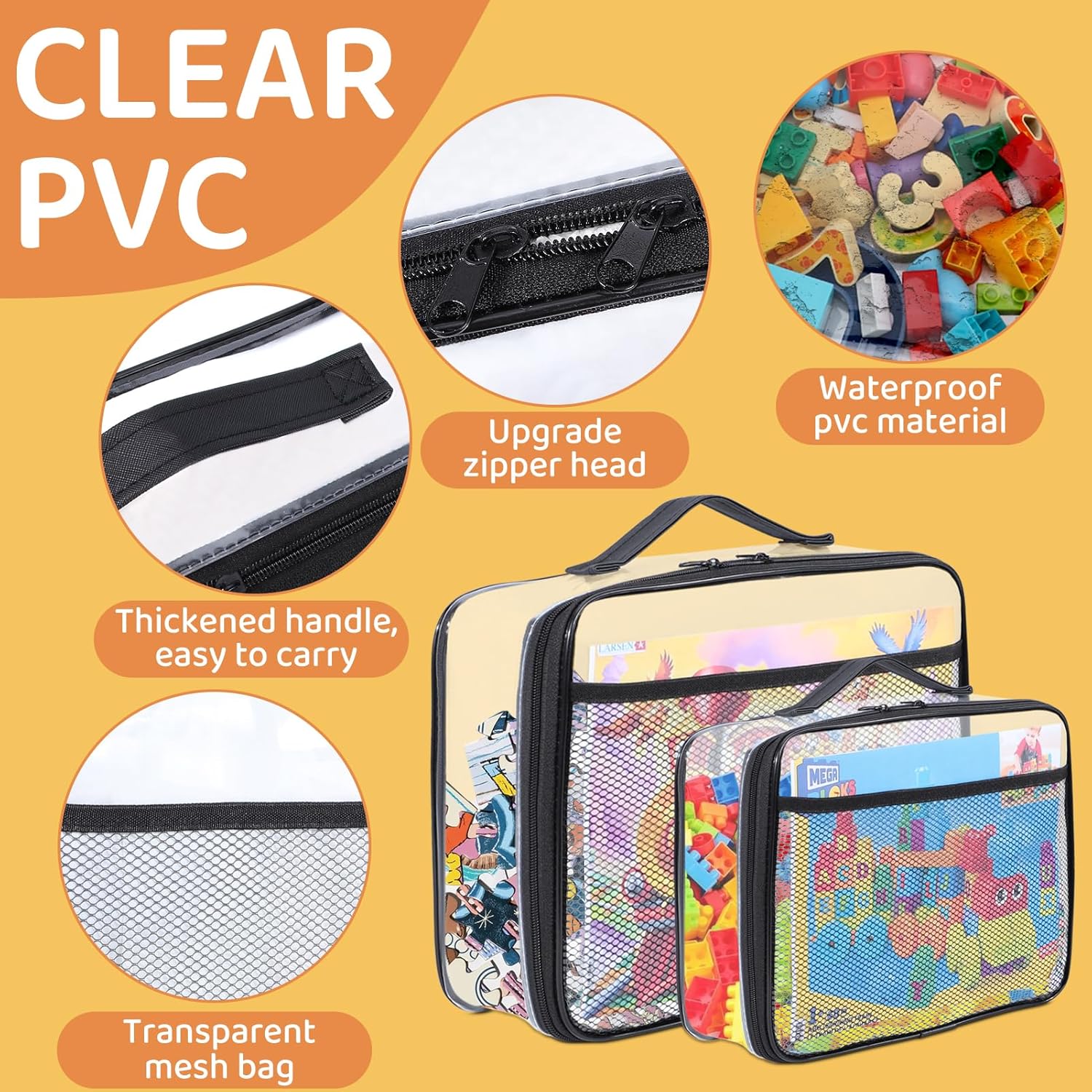 6 Pack Toy Storage Bags, Reusable Clear Board Game Storage, Waterproof PVC Organizer, Toy Storage Organizer Bags with Zipper with Name Tag and Manual Pockets Small Size