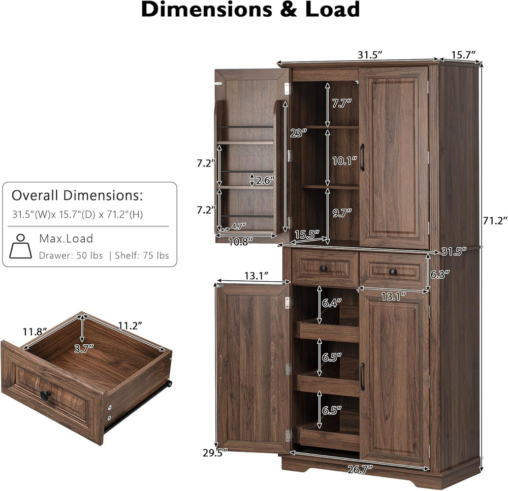 Merax 71" Tall Kitchen Pantry, Farmhouse Storage Cabinet with 6 Door She...