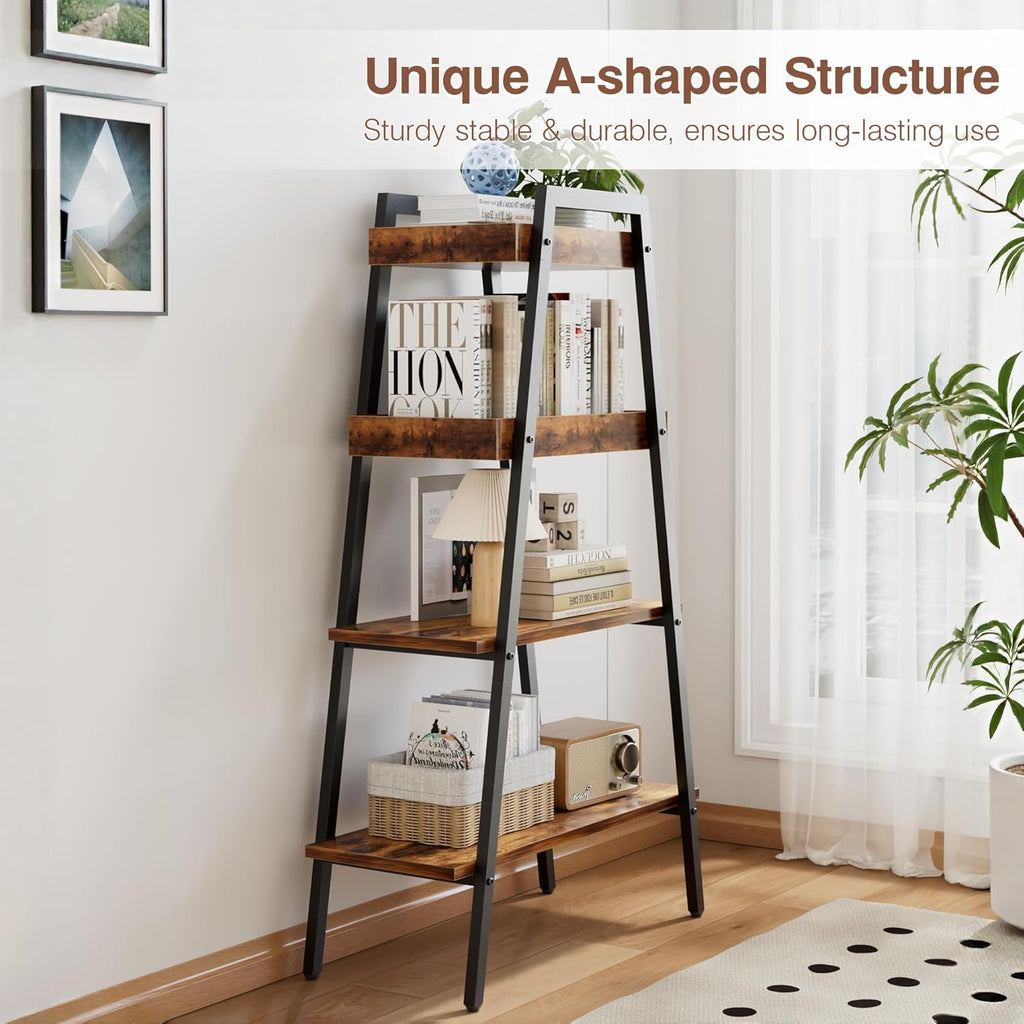 VECELO Ladder Shelf, 4-Tier Bookshelf with Enclosed Edges Design, Wooden Storage Rack Freestanding Bookcase for Living Room Home Office, Brown