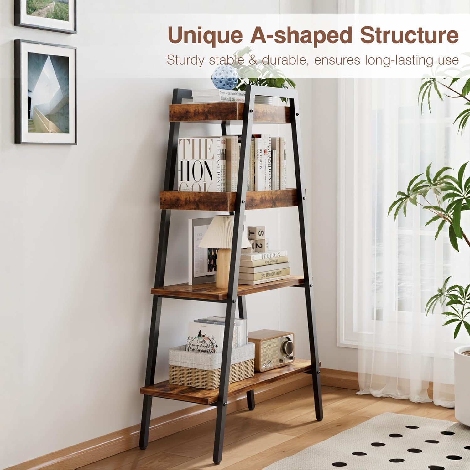 VECELO Ladder Shelf, 4-Tier Bookshelf with Enclosed Edges Design, Wooden Storage Rack Freestanding Bookcase for Living Room Home Office, Brown