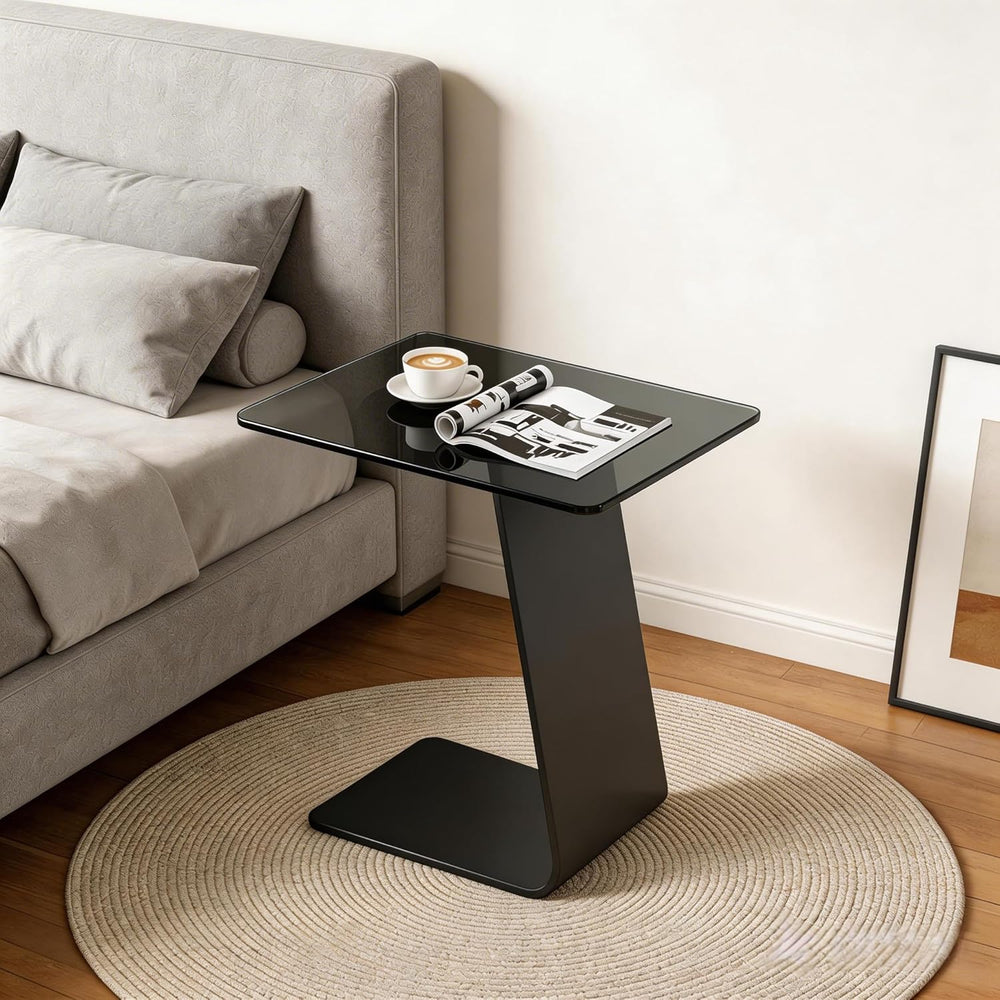 25.5-Inch High C-Shaped End Table with Tempered Glass Top & Black Metal F...
