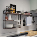 RICHER HOUSE 3+1 Tier Wall Mounted Floating Shelves Set of 2, Rustic Wood Wall Shelf with Metal Frame, Extra Storage Rack for Bathroom, Kitchen, Bedroom with Tissue Rack & Towel Bar - Rustic Brown