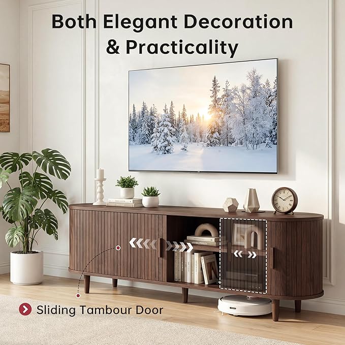 65" Mid Century Modern TV Stand, Wood TV Consoles with Sliding Doors and Power Outlet, Fluted Entertainment Center with Adjustable Shelves, Media Console for Living Room, Walnut