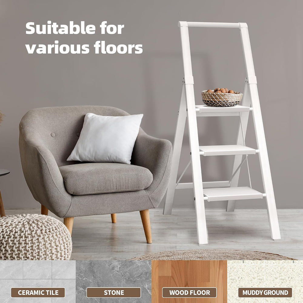 HillhutApex Aluminum 3 Step Ladder, Step Stool Foldable Ladder(White)