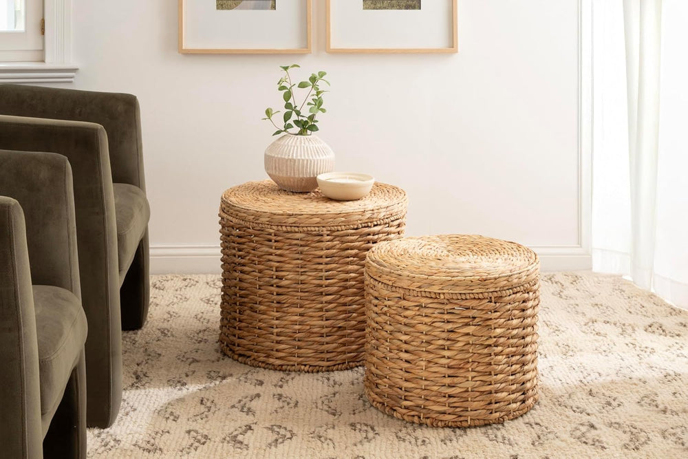 Kate and Laurel Halm Modern Woven Rattan Round Storage Side Tables, Set of 2,...