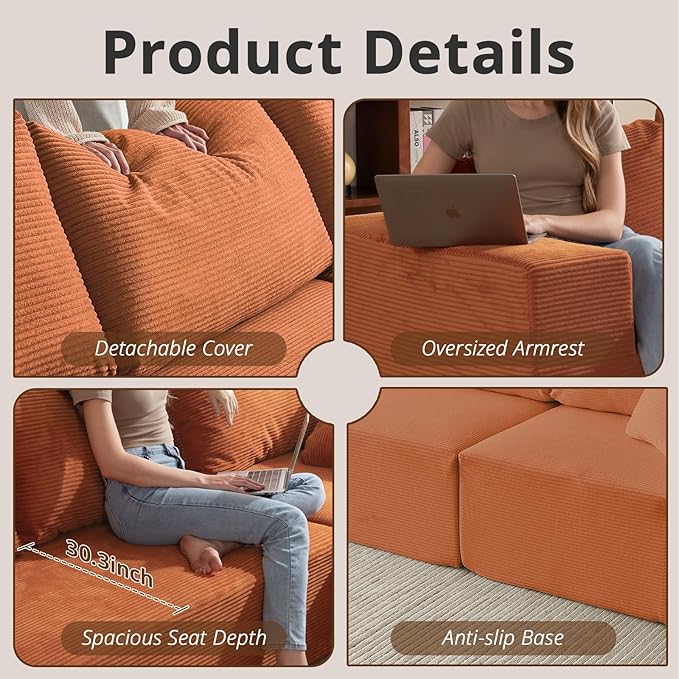 108" L-Shaped Boneless Couch, High Seat Modular Sectional Sofa with Moveable Ottoman, Corduroy Cloud Couches for Living Room, No Assembly, Ship in a Box, Orange | Modular Flexibility