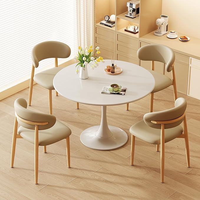 Dining Chairs Set of 4 for Kitchen Dining Table Mid Century Modern Farmhouse Upholstered Leather Dining Room Chairs with Metal Legs, Original Khaki