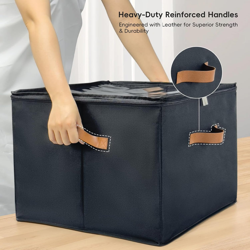 Shoe Organizer Box 2 Pack, Shoe Storage Organizer with Clear Cover, Adjustable Dividers Fits 16-32 Pairs, Fabric Shoe Organizer for Closet, Black