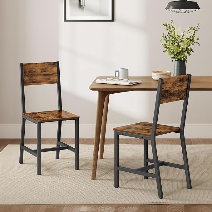 VASAGLE Dining Chair Set of 2, Rustic Wood Chairs with Metal Steel Frame, Eas...