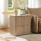 Fluted Nightstand Set of 2, Bedside Table with 2 Drawers, Engineered Wood End Table with Faux Marble-Top, Curved Corners, Metal Handle, Modern Night Stand for Bedroom, Small Spaces, Natural Oak
