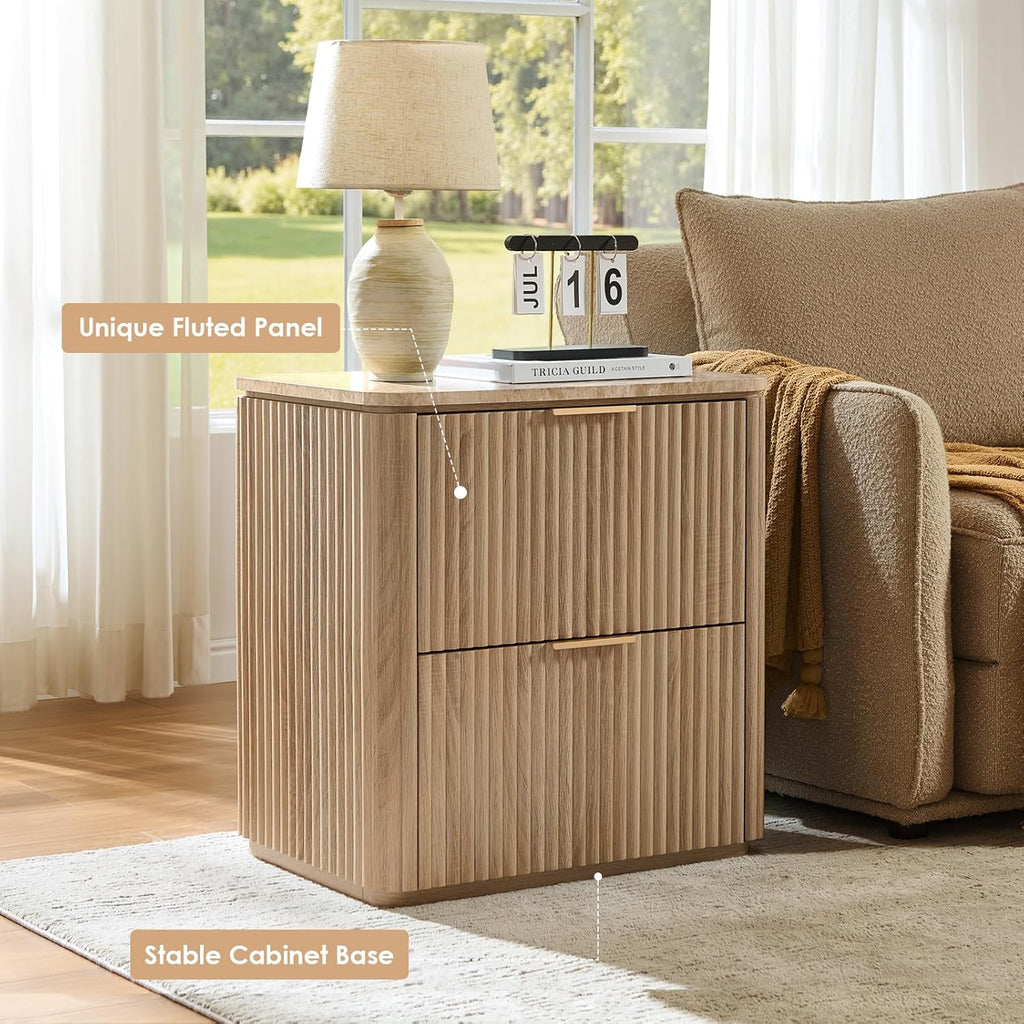 Fluted Nightstand with 2 Drawers, Bedside Table with Faux Marble-Top, Engineered Wood End Table with Curved Corners, Metal Handle, Modern Night Stand for Bedroom, Small Spaces, Natural Oak