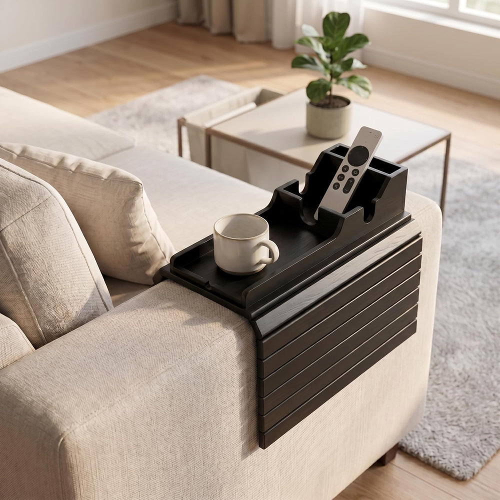 Black Bamboo Couch Armrest Table, Over the Couch Arm Tray with Removable Couc...