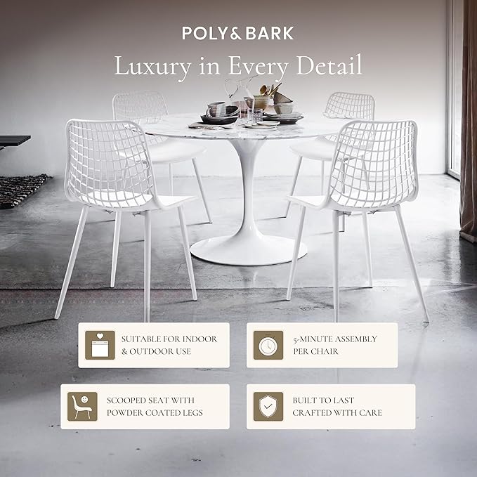 Poly & BARK Marais Modern Dining Chairs Set of 4 – Mid Century Modern Plastic Dining Chair with Metal Legs – Kitchen & Dining Room Chairs – Indoor/Outdoor – White