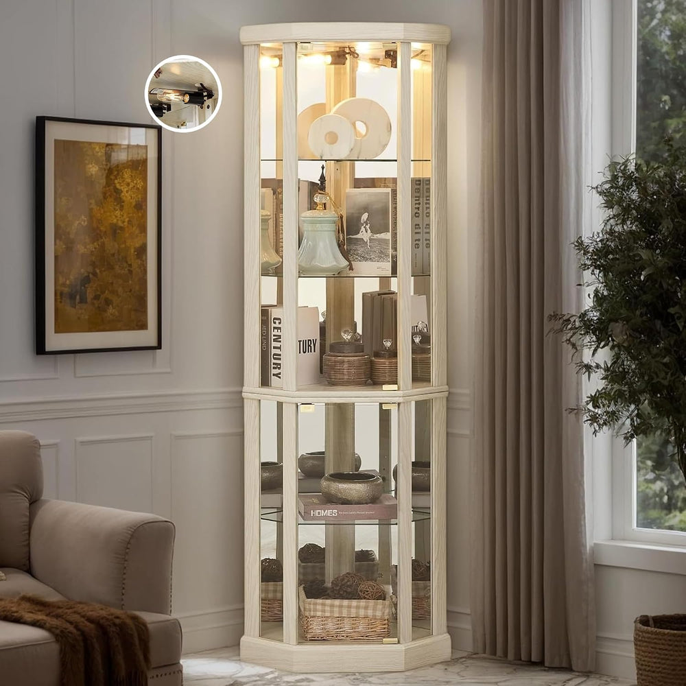 Corner Curio Cabinet, 70" H Lighted Glass Display Cage with Tempered Gla...