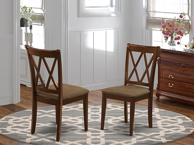 East West Furniture CLC-MAH-C Clarksville Dinette Chairs - Linen Fabric Upholstered Wood Chairs, Set of 2, Mahogany