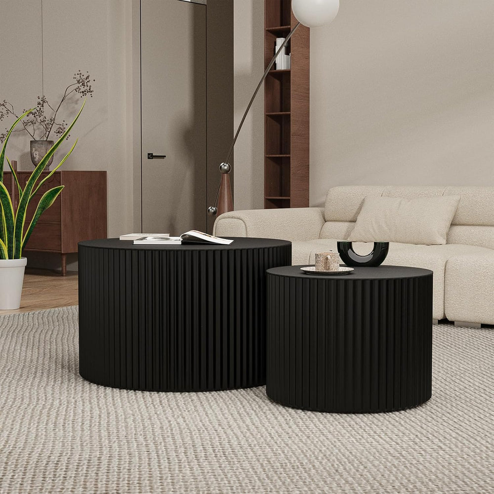 Round Wood Coffee Table Set of 2 Modern Round Fluted Nesting Coffee Tables Ha...