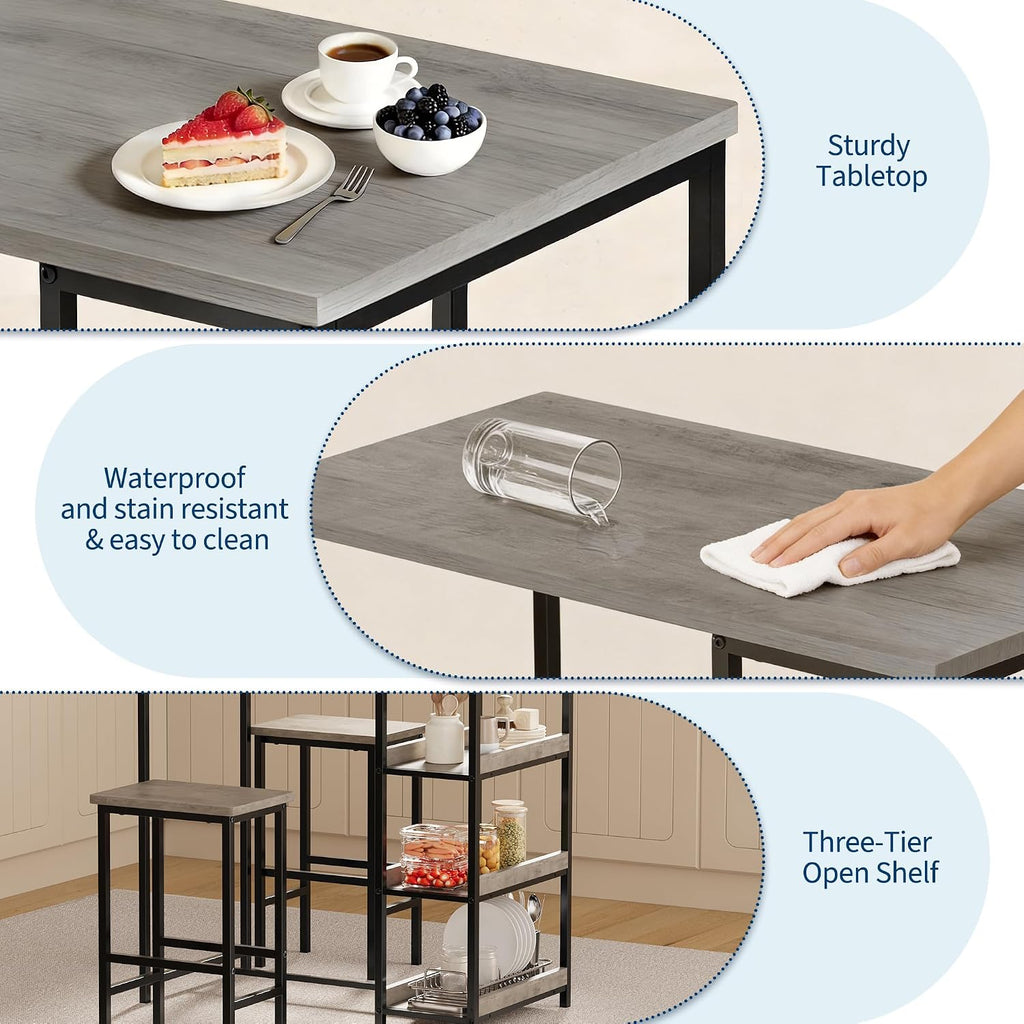 GarveeHome Dining Table Set for 2, Wood Table with Bar Stools | Kitchen Table with Storage Shelves for Small Spaces, Apartments, Condos, Grey