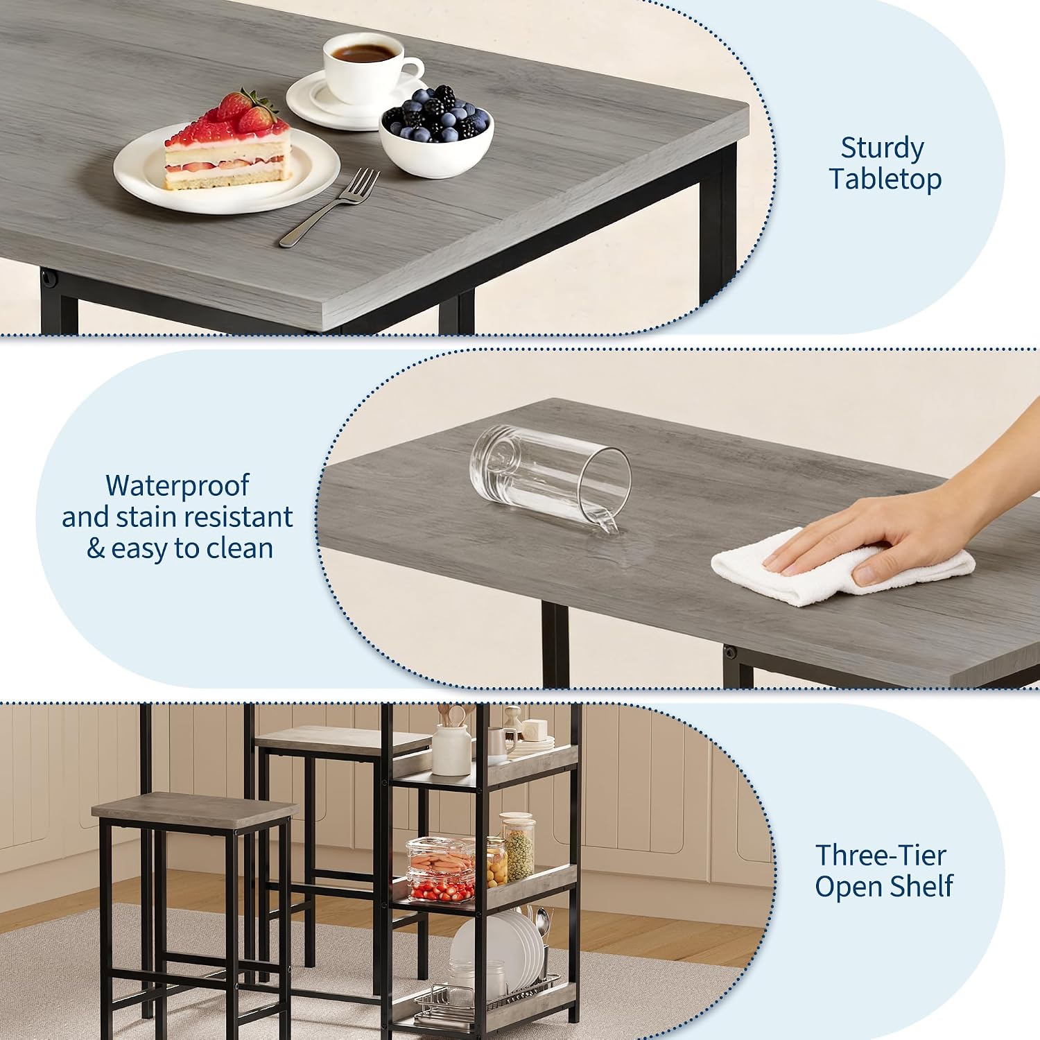 GarveeHome Dining Table Set for 2, Wood Table with Bar Stools | Kitchen Table with Storage Shelves for Small Spaces, Apartments, Condos, Grey