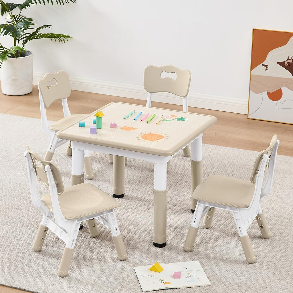 Adjustable Kids Table Chairs Set – Graffiti Desktop, Multi-Activity Height-Adjustable Toddler Study Desk for Ages 3-8 – Ideal for Home, Classroom, Daycare (W-Wood, 4 Chairs-23.6" L x 23.6" W)